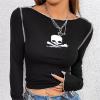 Beyaz Dikiş Detaylı Pirate Skull Siyah Uzun Kollu Crop