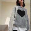 Gri Unisex Siyah Kalp Oversize Kazak